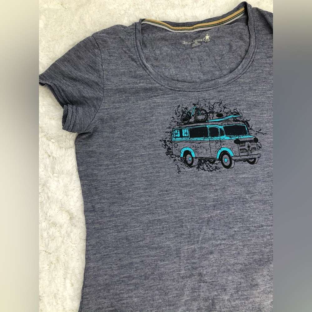 Smartwool Blue white stripes T-Shirt graphic Tee with Van and bike